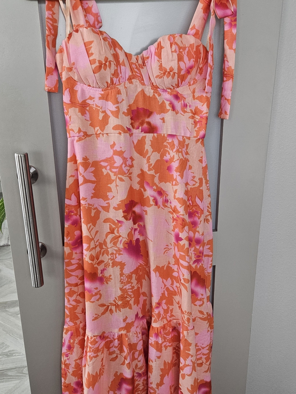Women’s Pink & Orange Floral Midi Dress with Tie Straps